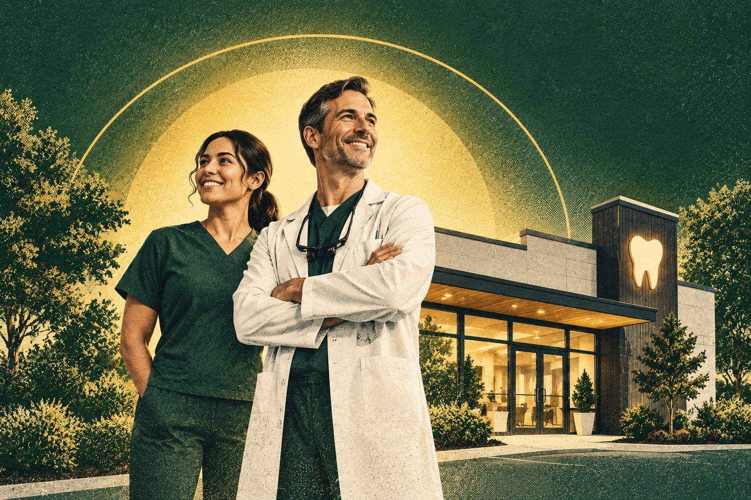 Illustration of a dental practice highlighted as the trusted local recommendation